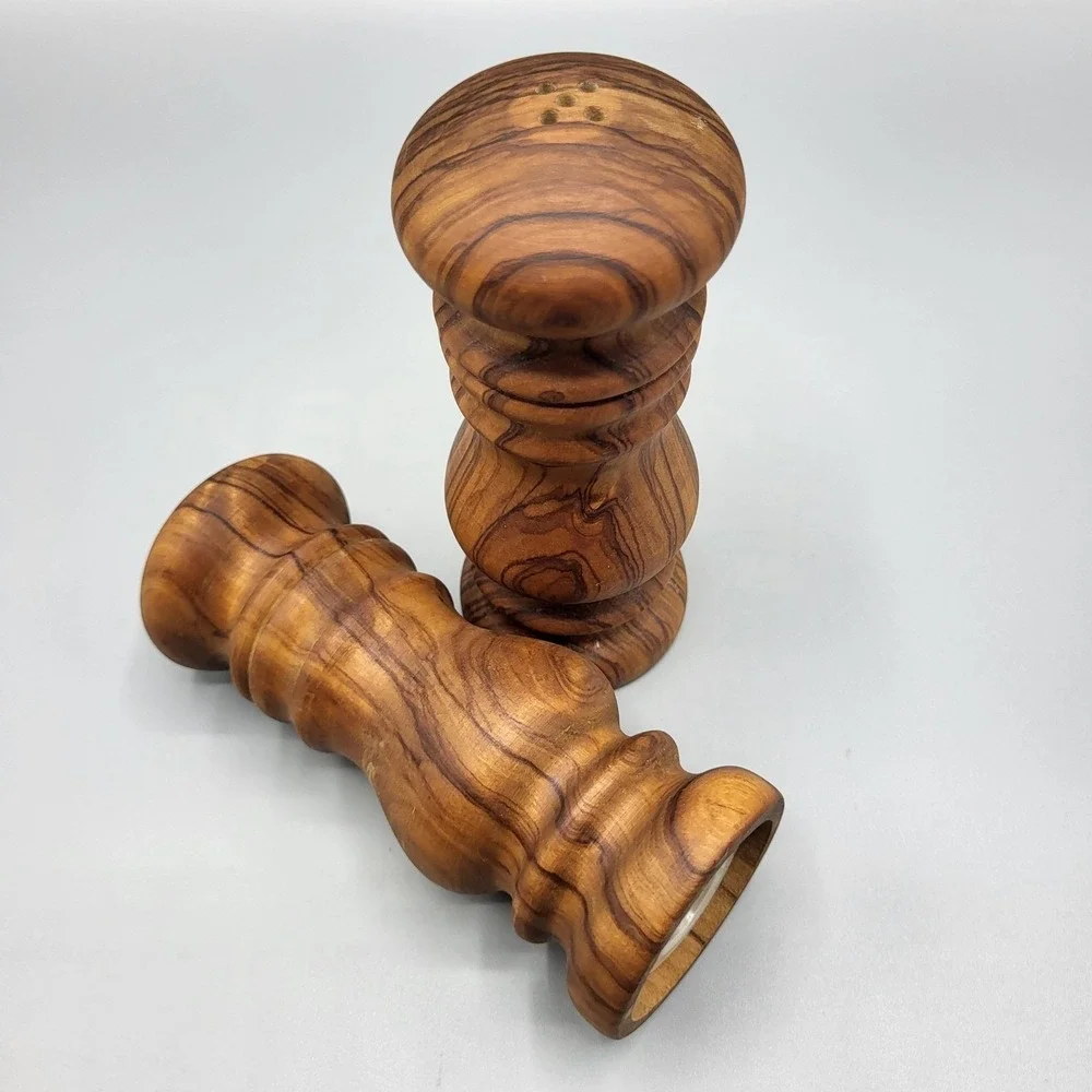 Vintage Salt and Pepper Shakers Olive Wood Hand Turned Brown Decorative